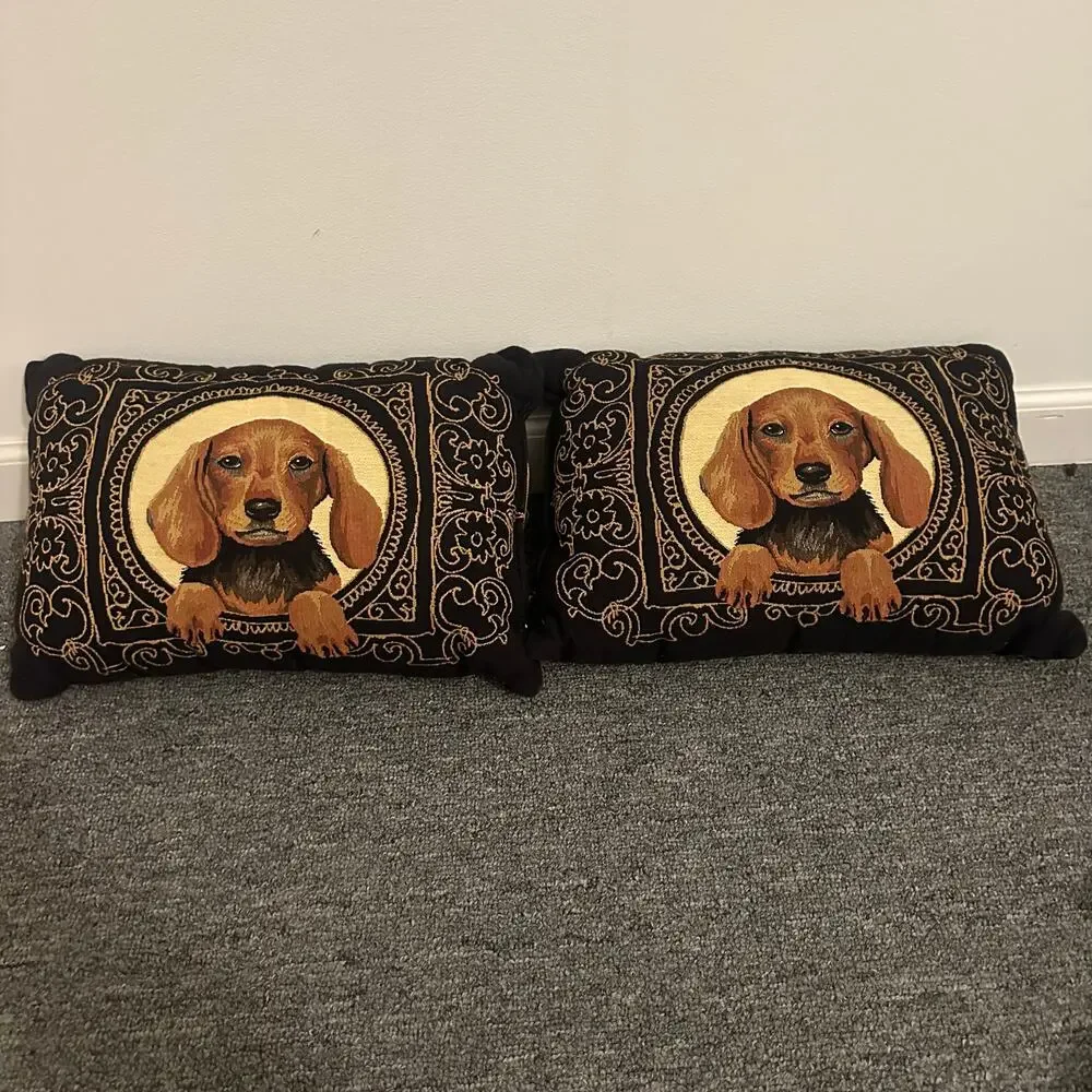 2 Red Dachshund Dog Belgian Tapestry Pillows 16" x 11" Dog Pillow - Picture 2 of 3